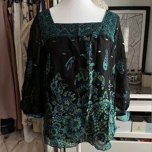 Tibi Printed Peasant Top blouse Silk Green Size 2